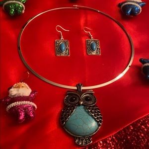 Owl with Turquoise stone Pendant and earrings